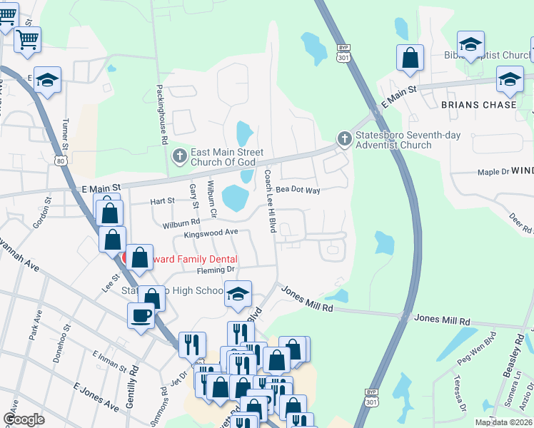 map of restaurants, bars, coffee shops, grocery stores, and more near 120 Lester Road in Statesboro