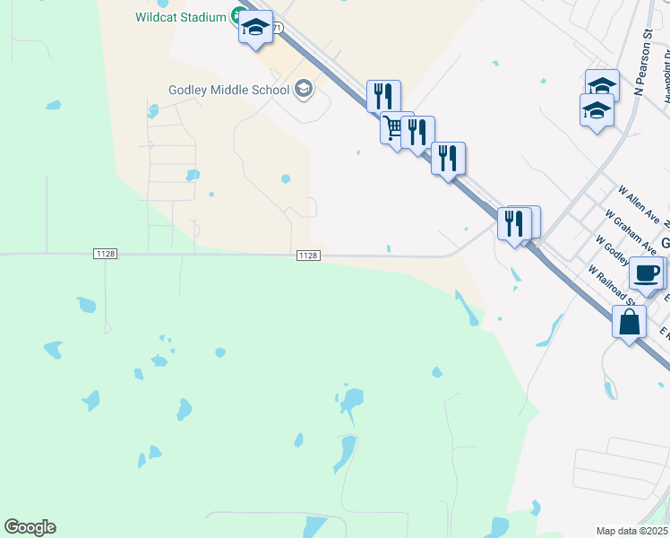 map of restaurants, bars, coffee shops, grocery stores, and more near 7825 County Road 1128 in Godley