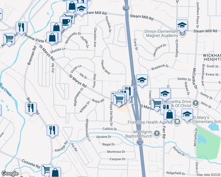 map of restaurants, bars, coffee shops, grocery stores, and more near 122 Cypress Court in Columbus