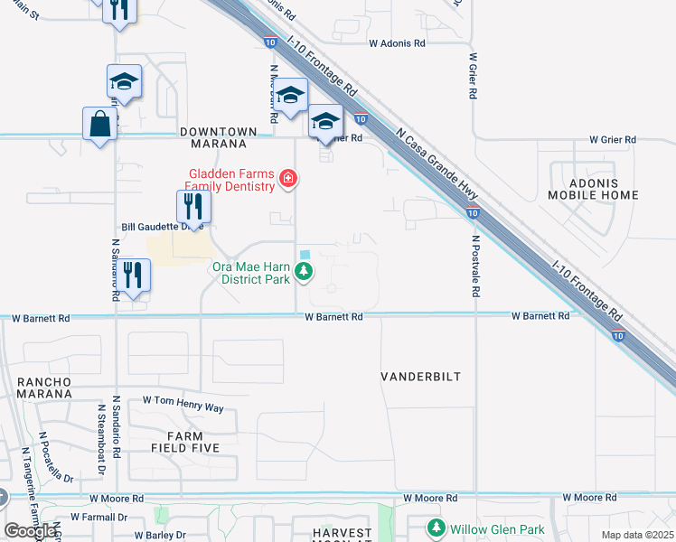 map of restaurants, bars, coffee shops, grocery stores, and more near 13250 North Lon Adams Road in Marana
