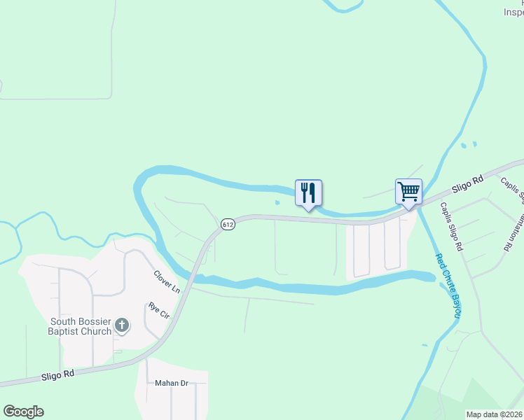 map of restaurants, bars, coffee shops, grocery stores, and more near 1599 Sligo Road in Bossier City