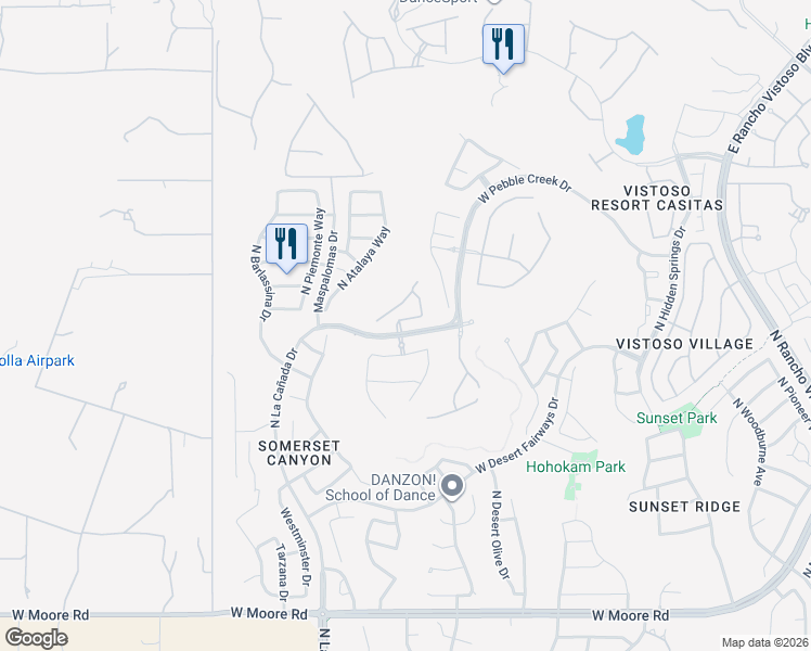 map of restaurants, bars, coffee shops, grocery stores, and more near 1053 West Lark Bunting Lane in Tucson