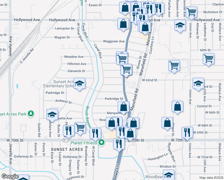 map of restaurants, bars, coffee shops, grocery stores, and more near 2738 Sunnybrook Street in Shreveport