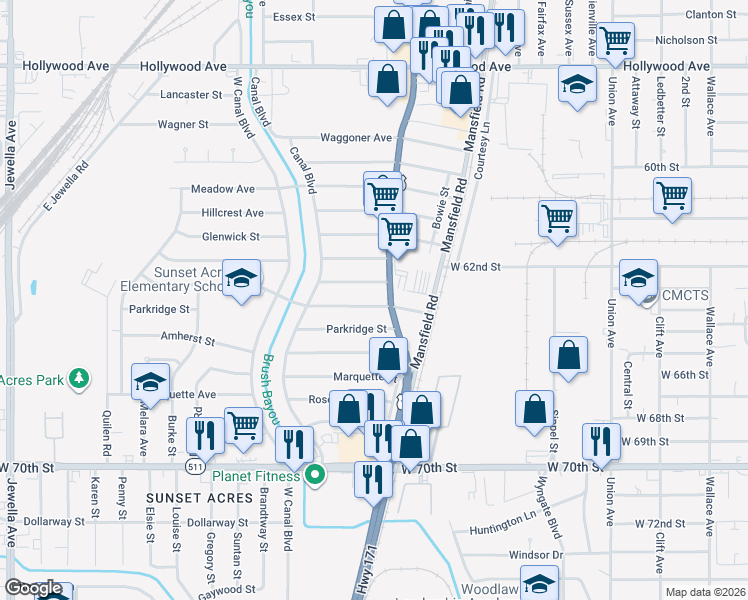 map of restaurants, bars, coffee shops, grocery stores, and more near 2714 Sunnybrook Street in Shreveport