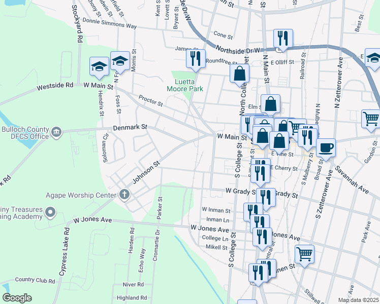 map of restaurants, bars, coffee shops, grocery stores, and more near 223 Johnson Street in Statesboro