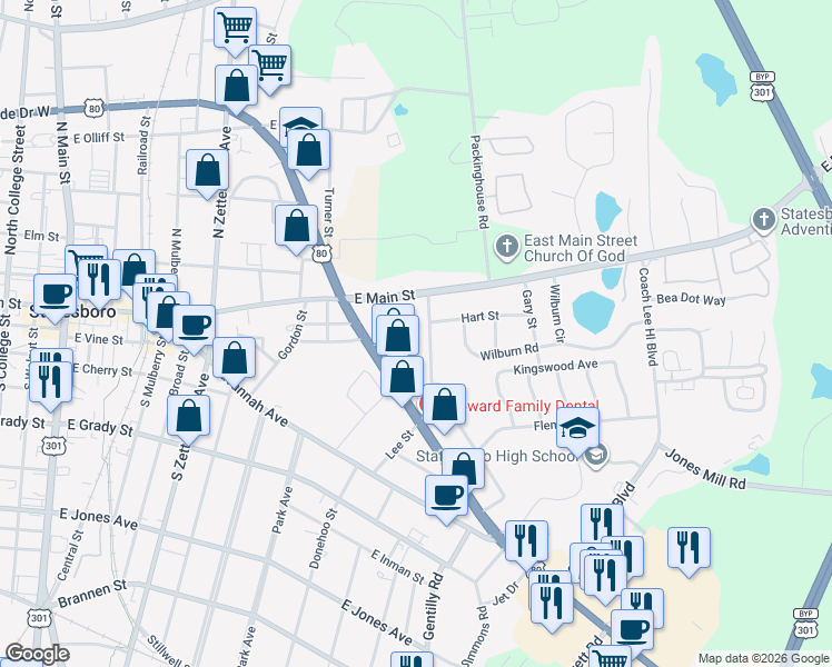 map of restaurants, bars, coffee shops, grocery stores, and more near 107 Lee Street in Statesboro