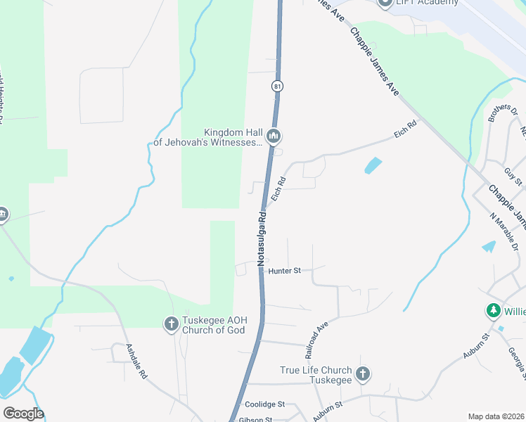 map of restaurants, bars, coffee shops, grocery stores, and more near Alabama 81 in Tuskegee