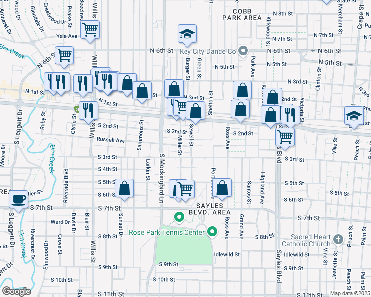 map of restaurants, bars, coffee shops, grocery stores, and more near 2717 Russell Avenue in Abilene