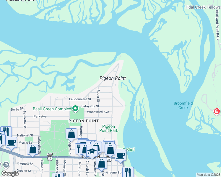 map of restaurants, bars, coffee shops, grocery stores, and more near 2100 Pigeon Point Road in Beaufort