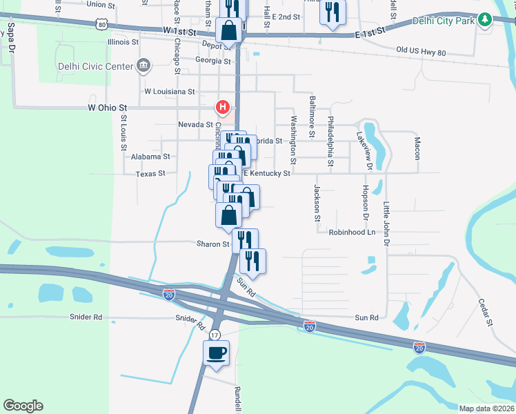 map of restaurants, bars, coffee shops, grocery stores, and more near 100-204 Suggs Street in Delhi