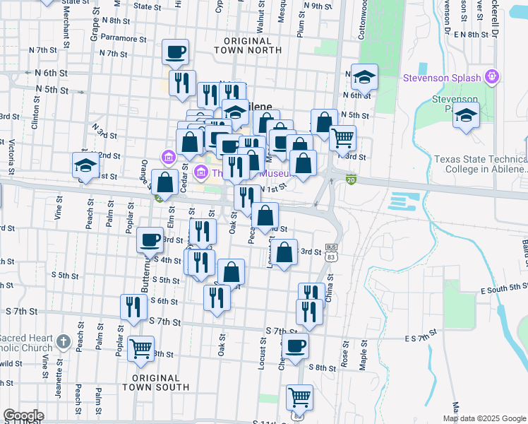 map of restaurants, bars, coffee shops, grocery stores, and more near 721 South 1st Street in Abilene