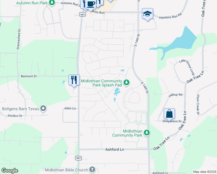 map of restaurants, bars, coffee shops, grocery stores, and more near 406 Canterbury Court in Midlothian