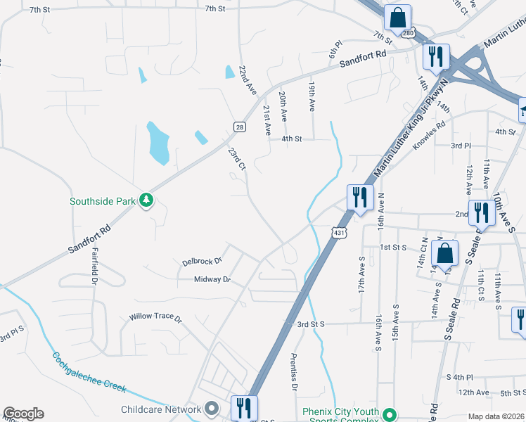 map of restaurants, bars, coffee shops, grocery stores, and more near 110 23rd Court in Phenix City