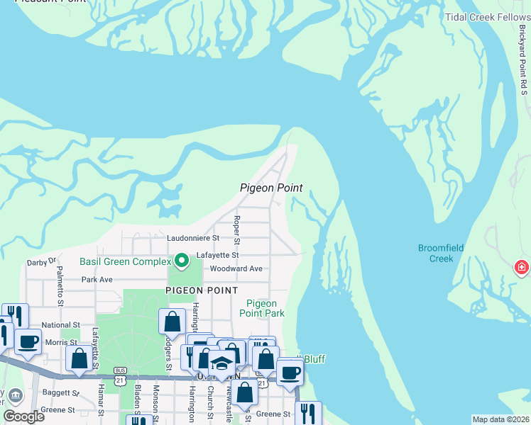 map of restaurants, bars, coffee shops, grocery stores, and more near 2100 Pigeon Point Road in Beaufort