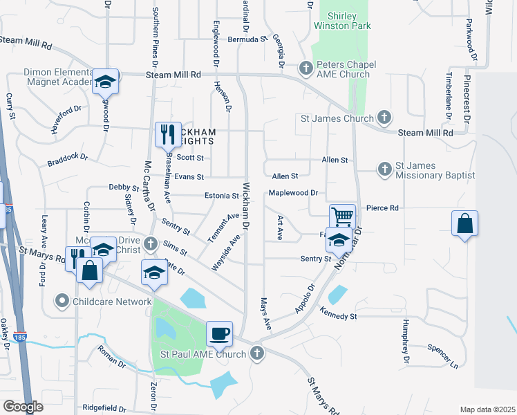map of restaurants, bars, coffee shops, grocery stores, and more near 360 Mays Avenue in Columbus