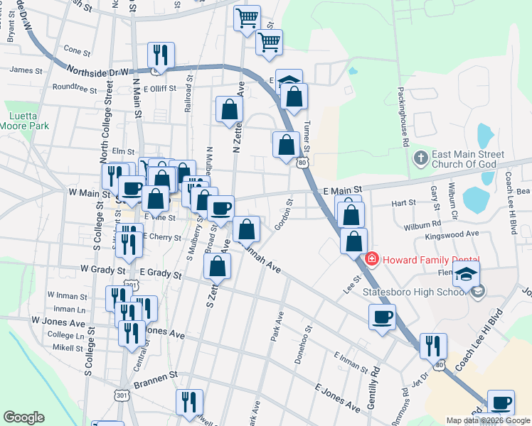 map of restaurants, bars, coffee shops, grocery stores, and more near 15 Crescent Avenue in Statesboro
