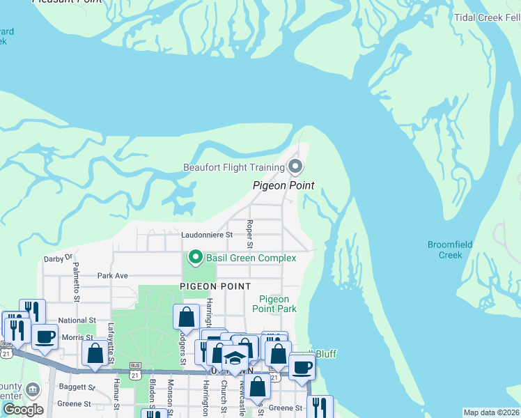 map of restaurants, bars, coffee shops, grocery stores, and more near 920 Charlesfort Street in Beaufort