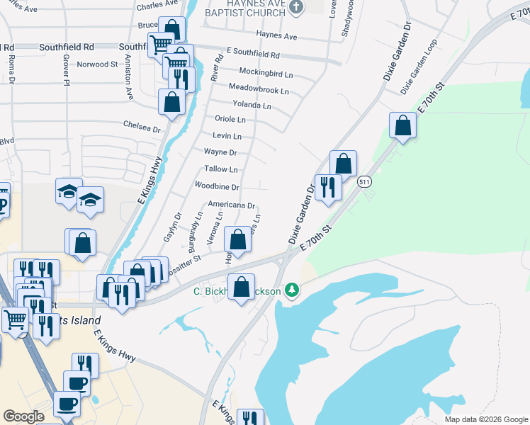 map of restaurants, bars, coffee shops, grocery stores, and more near 6113 Lovers Lane in Shreveport