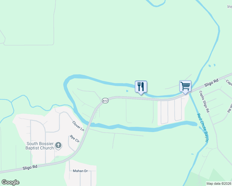 map of restaurants, bars, coffee shops, grocery stores, and more near 1599 Sligo Road in Bossier City