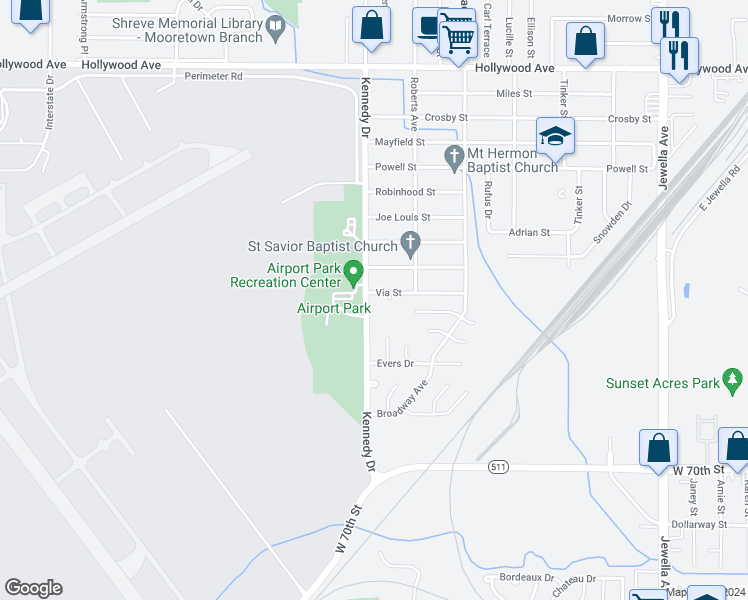 map of restaurants, bars, coffee shops, grocery stores, and more near 6605 Kennedy Drive in Shreveport