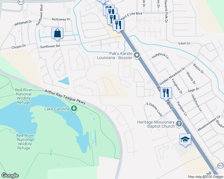 map of restaurants, bars, coffee shops, grocery stores, and more near 241 Cullom Drive in Bossier City