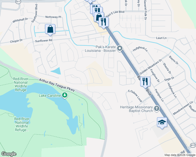 map of restaurants, bars, coffee shops, grocery stores, and more near 25 Southgate Drive in Bossier City