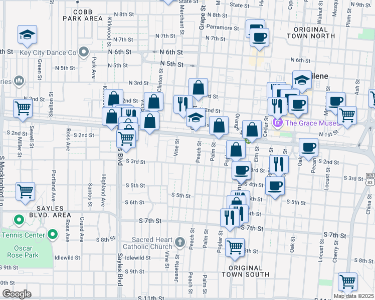 map of restaurants, bars, coffee shops, grocery stores, and more near 1699 South 1st Street in Abilene