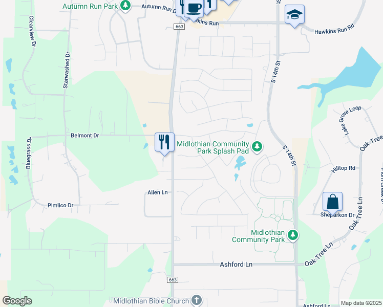map of restaurants, bars, coffee shops, grocery stores, and more near 221 Brighton Court in Midlothian