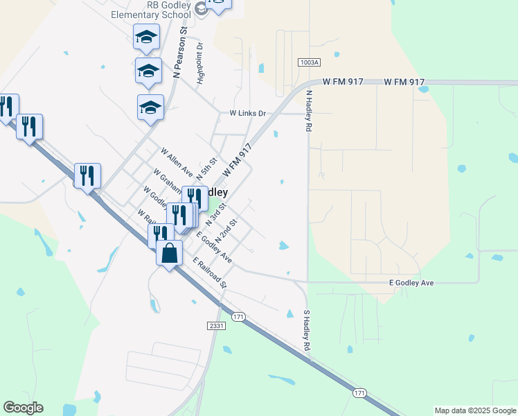 map of restaurants, bars, coffee shops, grocery stores, and more near 304 North 2nd Street in Godley