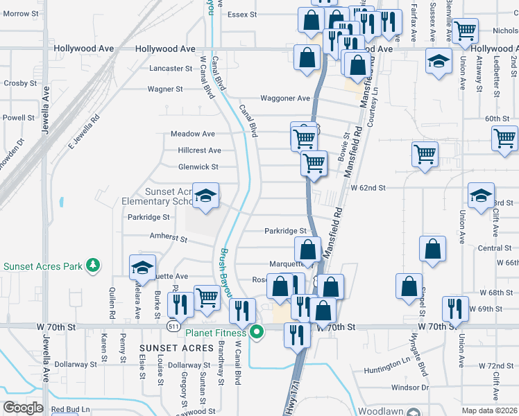map of restaurants, bars, coffee shops, grocery stores, and more near 6426 Canal Boulevard in Shreveport