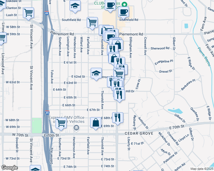map of restaurants, bars, coffee shops, grocery stores, and more near 6344 Thornhill Avenue in Shreveport