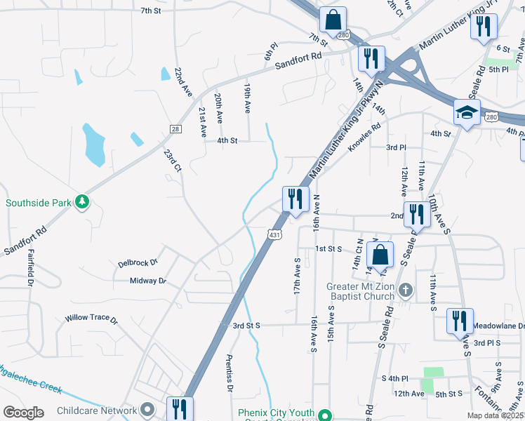 map of restaurants, bars, coffee shops, grocery stores, and more near 1720 Knowles Road in Phenix City