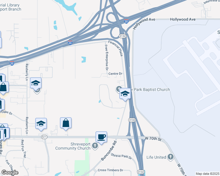 map of restaurants, bars, coffee shops, grocery stores, and more near 5610 Buncombe Road in Shreveport