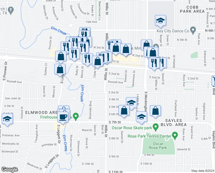 map of restaurants, bars, coffee shops, grocery stores, and more near 225 South Willis Street in Abilene