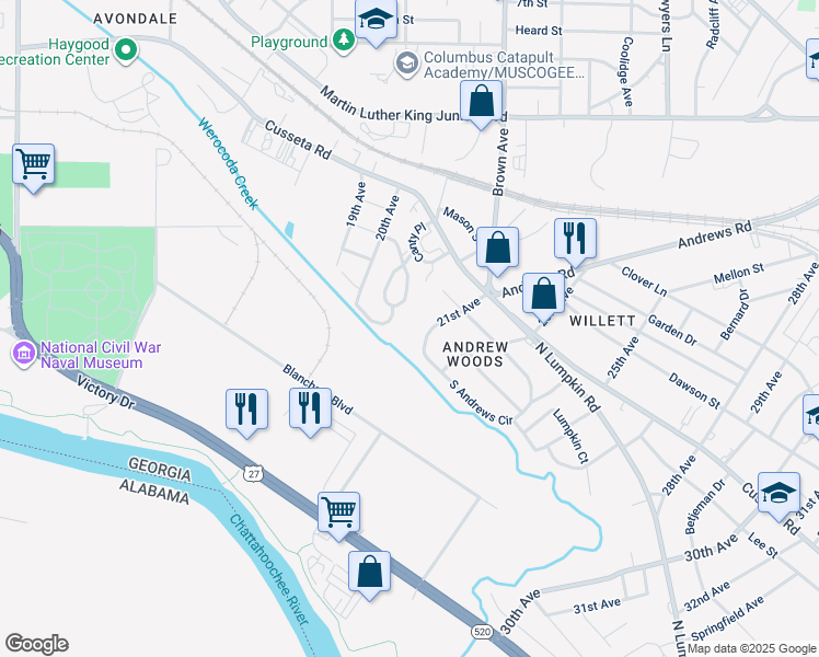 map of restaurants, bars, coffee shops, grocery stores, and more near 205 21st Avenue in Columbus