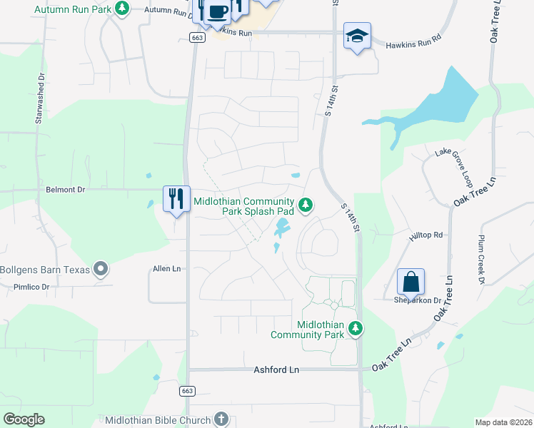 map of restaurants, bars, coffee shops, grocery stores, and more near 406 Canterbury Court in Midlothian