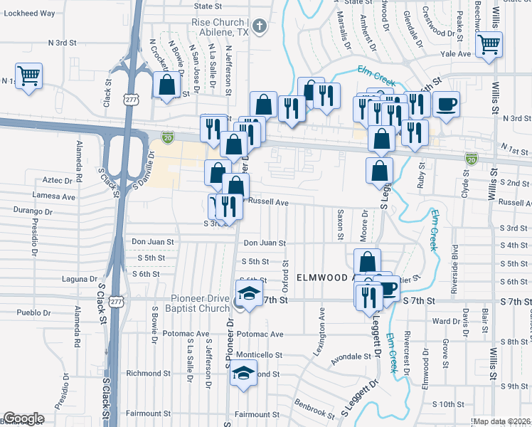map of restaurants, bars, coffee shops, grocery stores, and more near 305 South Pioneer Drive in Abilene