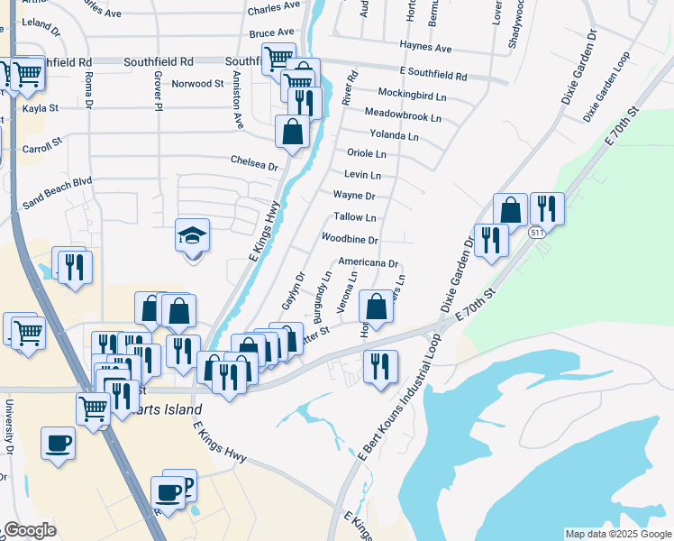 map of restaurants, bars, coffee shops, grocery stores, and more near 6114 Verona Lane in Shreveport