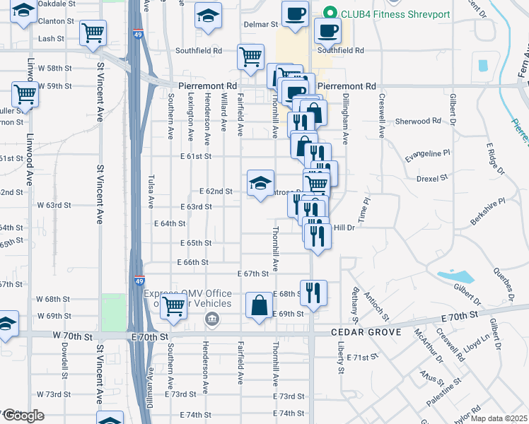 map of restaurants, bars, coffee shops, grocery stores, and more near 6215 Fairfield Avenue in Shreveport