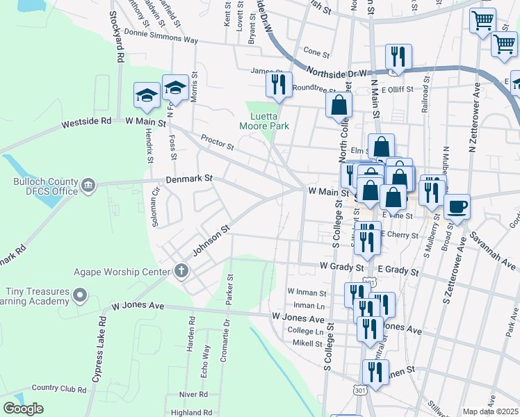 map of restaurants, bars, coffee shops, grocery stores, and more near 223 Johnson Street in Statesboro