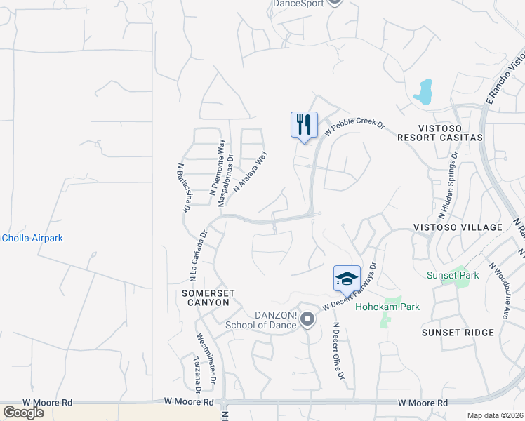 map of restaurants, bars, coffee shops, grocery stores, and more near 1053 West Lark Bunting Lane in Tucson
