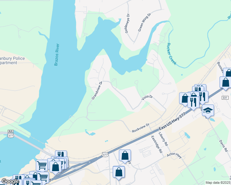 map of restaurants, bars, coffee shops, grocery stores, and more near 504 Grandview Drive in Granbury