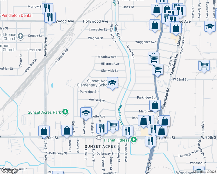 map of restaurants, bars, coffee shops, grocery stores, and more near 6514 West Canal Boulevard in Shreveport