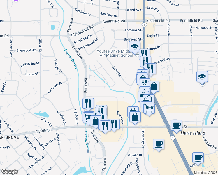 map of restaurants, bars, coffee shops, grocery stores, and more near 6121 Pierremont Place in Shreveport