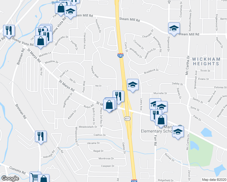 map of restaurants, bars, coffee shops, grocery stores, and more near 201 North Oakley Drive in Columbus