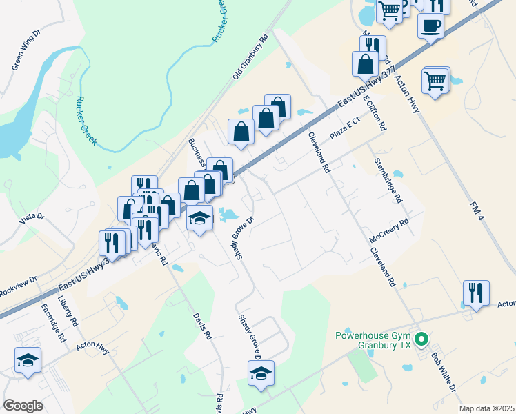 map of restaurants, bars, coffee shops, grocery stores, and more near 400 Shady Grove Drive in Granbury
