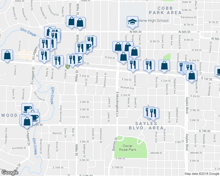 map of restaurants, bars, coffee shops, grocery stores, and more near 2929 Russell Avenue in Abilene