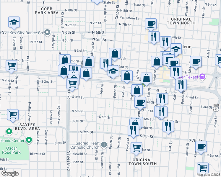 map of restaurants, bars, coffee shops, grocery stores, and more near 1699 South 1st Street in Abilene