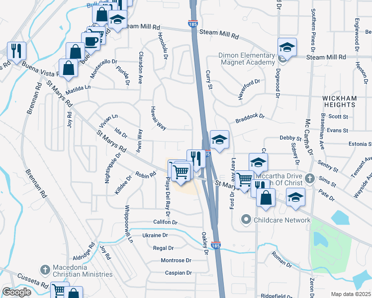 map of restaurants, bars, coffee shops, grocery stores, and more near 201 North Oakley Drive in Columbus