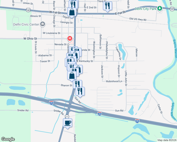 map of restaurants, bars, coffee shops, grocery stores, and more near 137 Suggs Street in Delhi